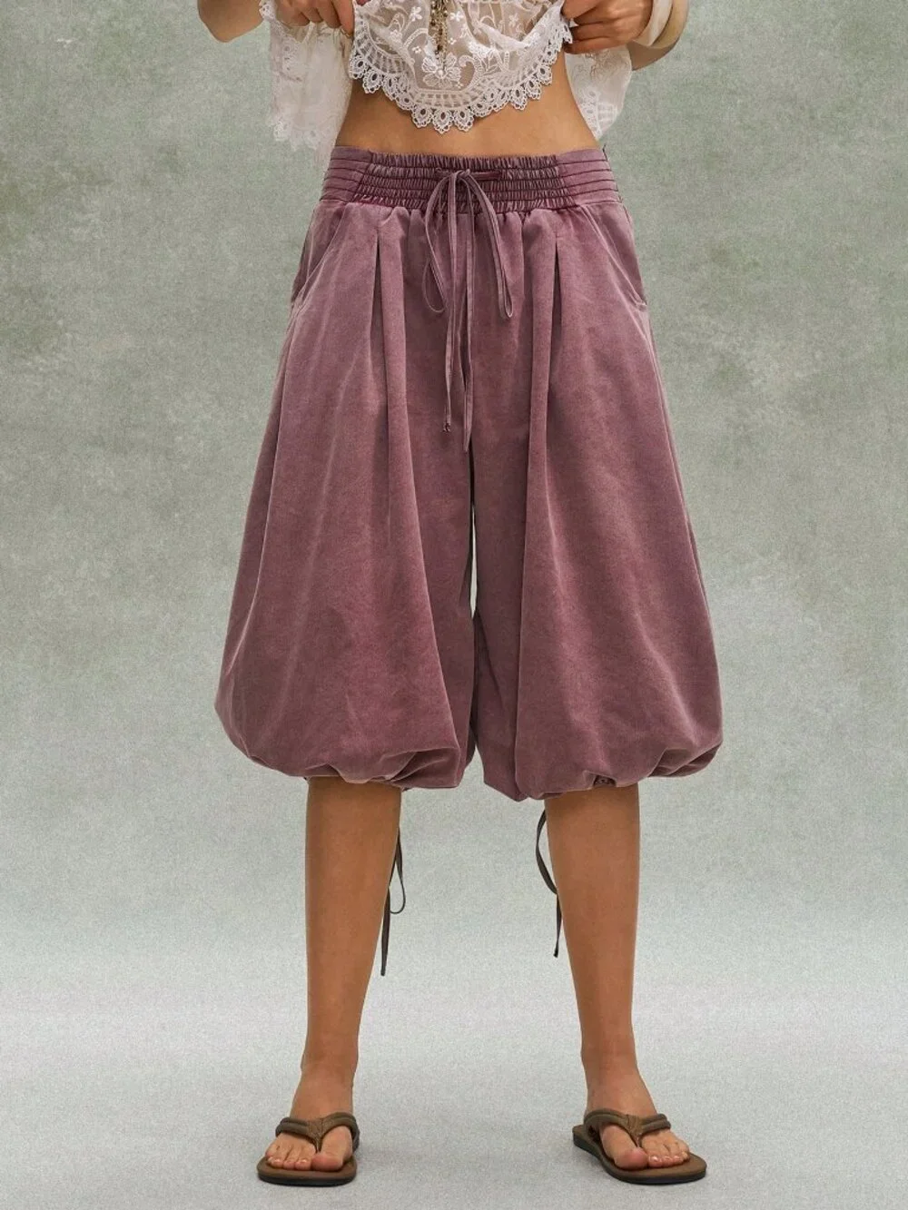 Purple Casual Boho Women's Cargo Pants with Waist Drawstring